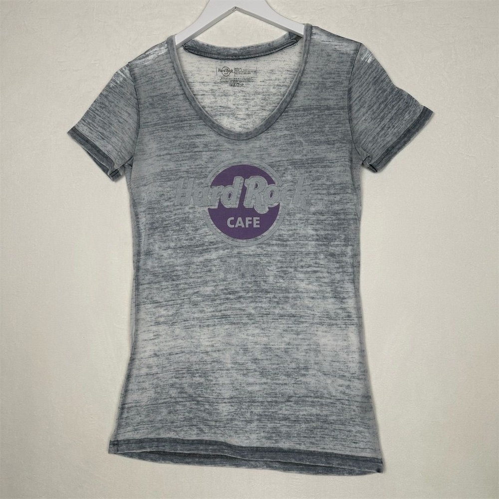 Hard Rock Cafe Vienna‎ Women's Size M Gray Sheer Burnout T-Shirt Short Sleeve